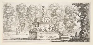 Plate 1: a monument with statues and a coat of arms in the center, a draughstman on th Plate 1: a monument with statues and a coat of arms in the center, a draughstman on th