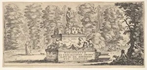 Plate 1: a monument with statues and a coat of arms in the center, a draughstman on th
