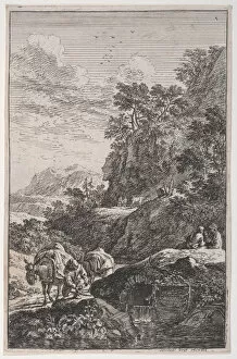 Franz Joachim Beich Collection: Plate 1: a peasant checking the hoof of his mule by a stream, from Landscapes in t