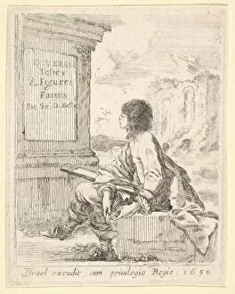 Sketching Gallery: Plate 1: a young man sitting on a stone, facing left in profile
