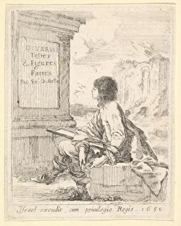 Sketching Gallery: Plate 1: a young man sitting on a stone, facing left in profile