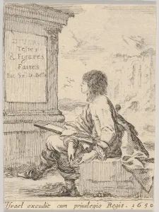 Plate 1: a young man sitting on a stone, facing left in profile