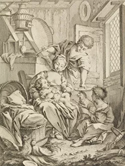 Boucher Fran And Xe7 Collection: Plate 1: Young Woman Feeding her Infant, from Premier Livre de Sujets et Pastorales (Fi