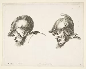 Plate 10: two heads of old soldiers wearing helmets, both facing left and looking down