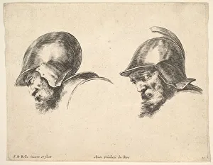 Plate 10: two heads of old soldiers wearing helmets, both facing left and looking down