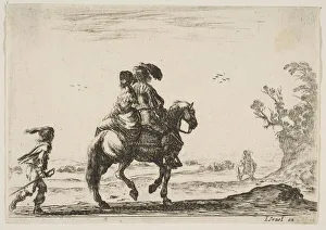 Plate 10: a horseman and a woman, seen from behind, riding towards the right with a young Plate 10: a horseman and a woman, seen from behind, riding towards the right with a young