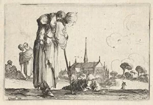 Della Bella Gallery: Plate 10: a peasant woman turned towards the right with a child on her back, a boy lyi