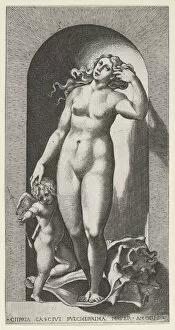Aphrodite Gallery: Plate 10: Venus in a niche, standing on a conch shell, with Cupid to her right