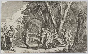 Metamorphoses Gallery: Plate 101: Silenus before King Midas, from Ovids Metamorphoses, 1641. Creator: Johann Wilhelm Baur