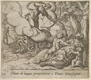Antonio Collection: Plate 105: Diana aiming her bow toward Chione, who is accompanied by two children
