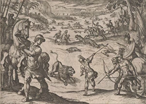 Alexander The Great Gallery: Plate 11: Alexanders Lion Hunt, from The Deeds of Alexander the Great, 1608