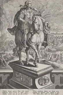 Adrian Collaert Gallery: Plate 11: equestrian statue of Titus, seen three-quarters to the right, Mount Vesuv