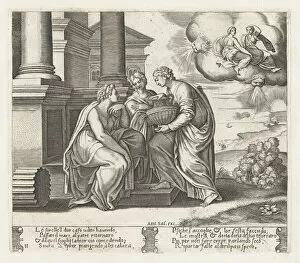 Sisters Collection: Plate 11: Psyche offering presents to her sisters who also appear on the clouds at uppe... 1530-60