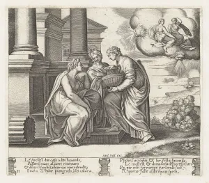 Die Master Of The Prints: Plate 11: Psyche offering presents to her sisters who also appear on the clouds at uppe