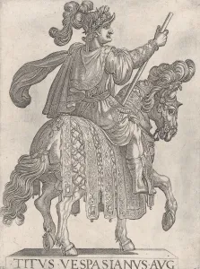 Tempesta Prints: Plate 11: Titus Vespasian on horseback facing right from the First Twelve Emperors o