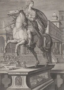Assassin Gallery: Plate 12: equestrian statue of Domitian, seen three-quarters to the left, with his