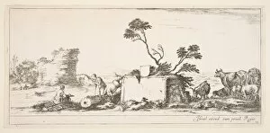 Sketching Gallery: Plate 12: a seated draughtsman to left, a standing shepherd next to him to right, ruin