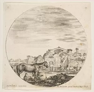 Chartres Collection: Plate 12: a shepherd sleeping on the ground at right, three horses at left, other hors