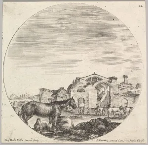 Plate 12: a shepherd sleeping on the ground to right, three horses to left, other h
