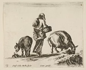 Nicolas Gallery: Plate 13: a peasant woman, seen from the back, holding a basket in center, a donkey
