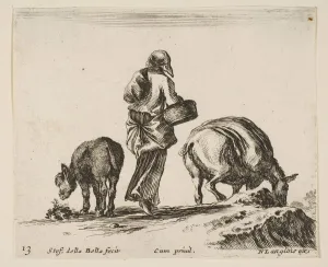 Plate 13: a peasant woman, seen from the back, holding a basket in center, a donkey Plate 13: a peasant woman, seen from the back, holding a basket in center, a donkey