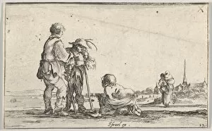 Crippled Gallery: Plate 13: two peasants standing to left, a cripple kneeling on the ground in center, a