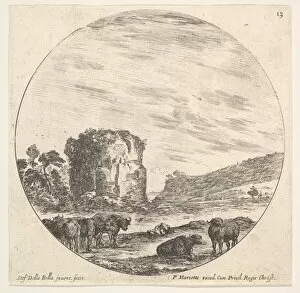 Della Bella Gallery: Plate 13: ruins of an ancient temple in the background, a herd of cows in the foreg