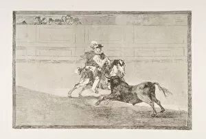 Bullfight Gallery: Plate 13 of the Tauromaquia : A Spanish mounted knight in the ring breaking short spears
