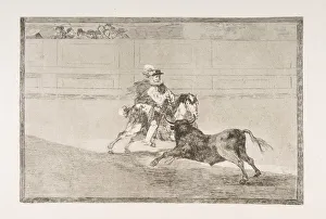 Plate 13 of the Tauromaquia : A Spanish mounted knight in the ring breaking short spears