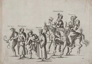 Balthasar Collection: Plate 14: Six figures marching in a procession, two atop horses