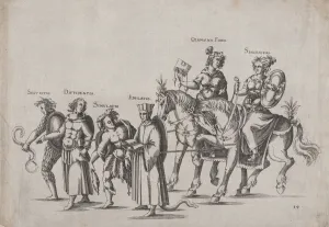 Balthasar Prints: Plate 14: Six figures marching in a procession, two atop horses