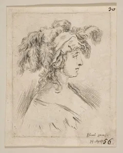 Henriet Prints: Plate 15: mid-bust of a young woman in profile wearing a hat topped with feathers, fro