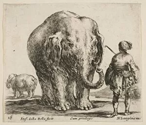 Nicolas Gallery: Plate 16: an elephant in center, his mahout standing to the right wearing an Orient