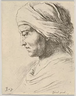 Stefano Della Gallery: Plate 16: head of an old man in profile with a cloth tied around his head, from The B