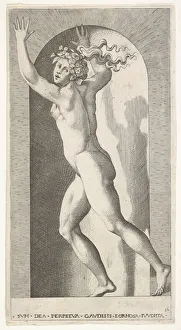 Jacobus Parmensis Prints: Plate 16: Hebe in a niche with her hands in the air, running to the left while looking to