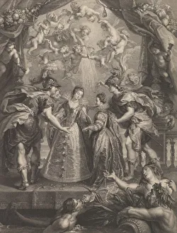 Nattier Prints: Plate 17: The exchange of the two princesses in Hendaye; allegorical scene with Anne of