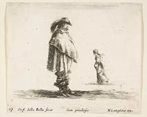 Nicolas Gallery: Plate 17: a man wearing a plumed hat in center facing right, a woman walking toward