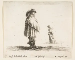 Langlois Nicolas Prints: Plate 17: a man wearing a plumed hat in center facing right, a woman walking toward