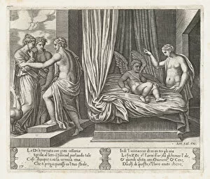 Mythological Figure Gallery: Plate 17: Venus chastising Cupid, who sits on a bed, with Psyche at right, from the Sto... 1530-60