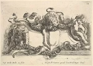 Plate 18: a cartouche containing an empty crest, two lionesses