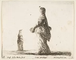 Nicolas Gallery: Plate 18: a noblewoman walking towards the left with a feathered fan, another woman