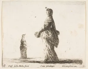 Plate 18: a noblewoman walking towards the left with a feathered fan, another woman Plate 18: a noblewoman walking towards the left with a feathered fan, another woman