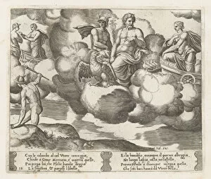 Mythological Figure Gallery: Plate 18: Venus in her dove-drawn chariot complaining to Jupiter, who is accompanied by... 1530-60