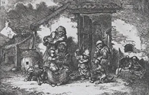 Plate 19: a family and a boy playing with a dog outside a house Plate 19: a family and a boy playing with a dog outside a house