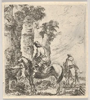 Della Bella Prints: Plate 19: a rider making his horse drink from a basin of a fountain at left, another h
