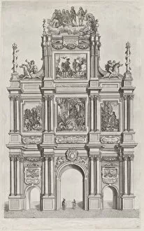 Plate 19: Triumphal arch, elevation of the front, surmounted by a cloud bearing Ferdinand ..., 1636