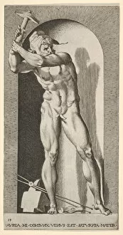 Vulcan Gallery: Plate 19: Vulcan standing in a niche swinging a hammer, with an anvil, hammer