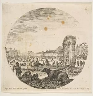 Chartres Collection: Plate 2: Campo Vaccino, a buffalo and two shepherds in center, the Fontanone to right