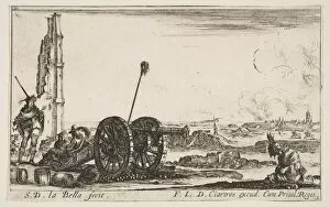 Cannonballs Gallery: Plate 2: A cannon to the left, a town in the background, from Various Military Capric