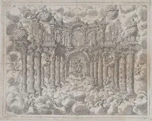 Plate 2 [counterproof]: Stage set with allegorical figures seated among the clouds